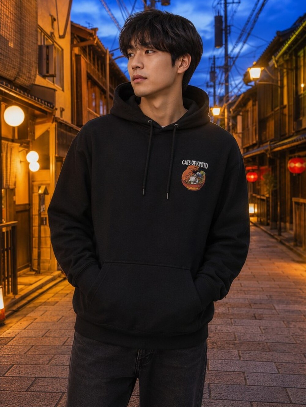 NWOT Cats of Kyoto Size large Hoodie Black Hooded Sweatshirt